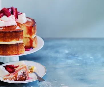 Lemon sour-cream cake with roast rhubarb