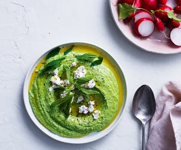 Pea and mint dip with labne and radishes