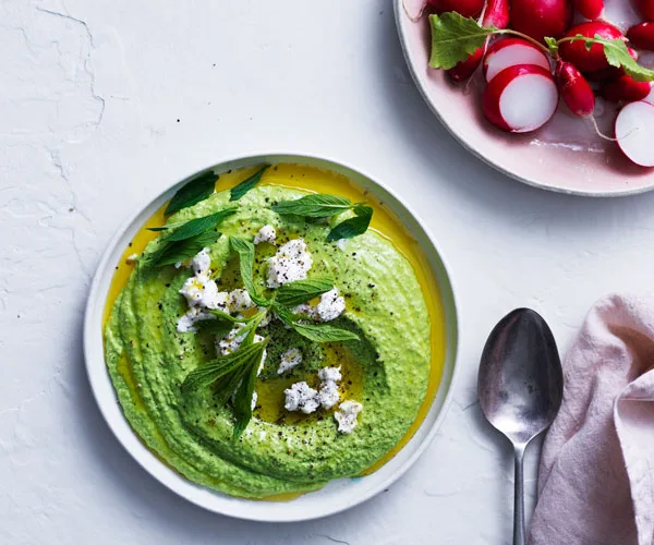 Pea and mint dip with labne and radishes
