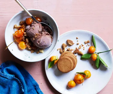 Poached cumquats with macadamias and ginger-nut crumb