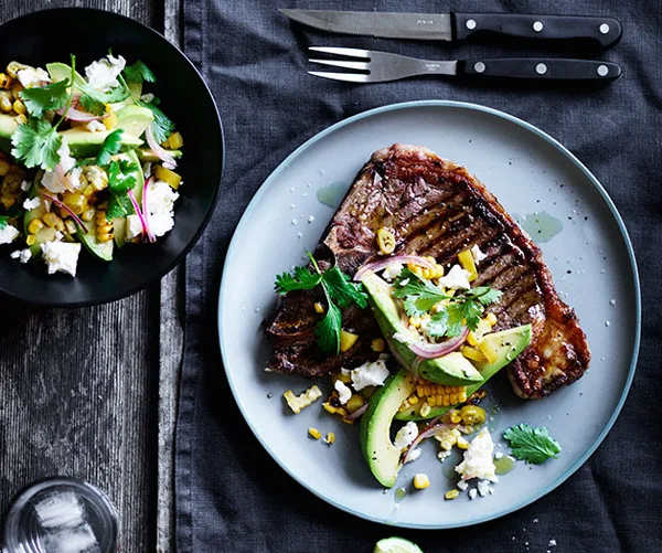 T-bones with pickled chilli, corn and avocado