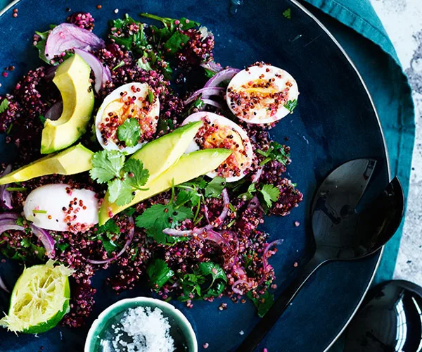 Smashed beetroot, quinoa, egg and avocado salad