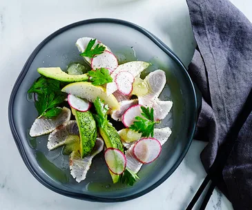 Seared kingfish with radish, avocado and wasabi