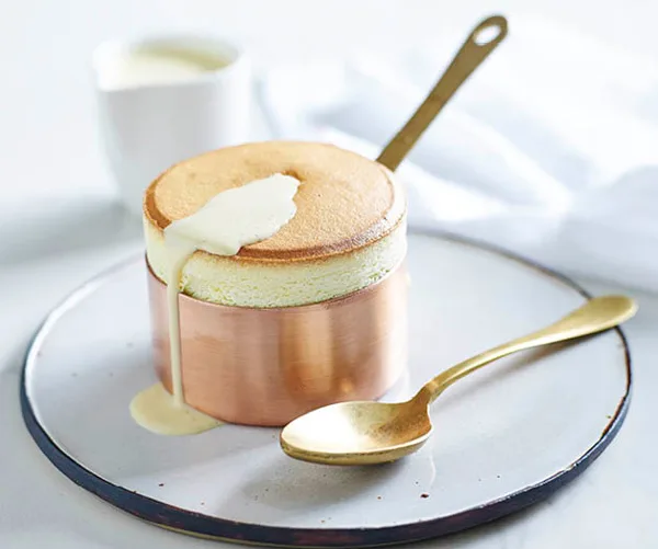 Passionfruit souffl&eacute;s with vanilla Anglaise