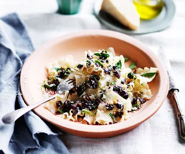 Tacconi with Ligurian olives, pine nuts and oregano