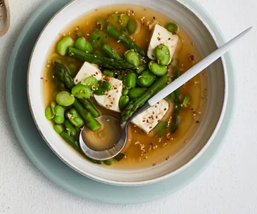 Miso broth with spring vegetables and tofu