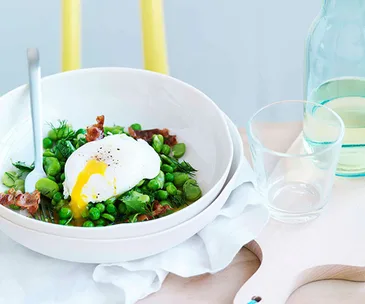 Broad bean, crisp pancetta and poached egg salad