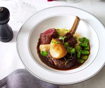 Veal saltimbocca with polenta mousseline, pear and broad beans