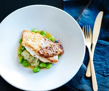 Blue-eye trevalla with Jerusalem artichokes, broad beans and chicken jus