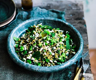 Farro with broad beans, ricotta salata, mint and lovage