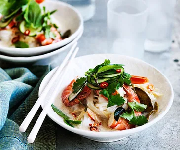 Coconut-poached prawns, rice noodles and Asian herb salad