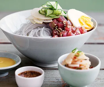 Dang myun noodles with raw tuna and kimchi daikon