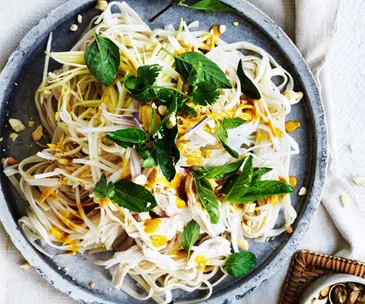 Chicken noodle salad with turmeric-lime dressing