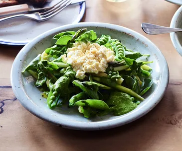 Beans, peas, asparagus and fresh curd