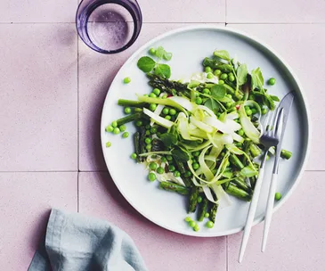 Grilled asparagus, peas and amba-spiced labne