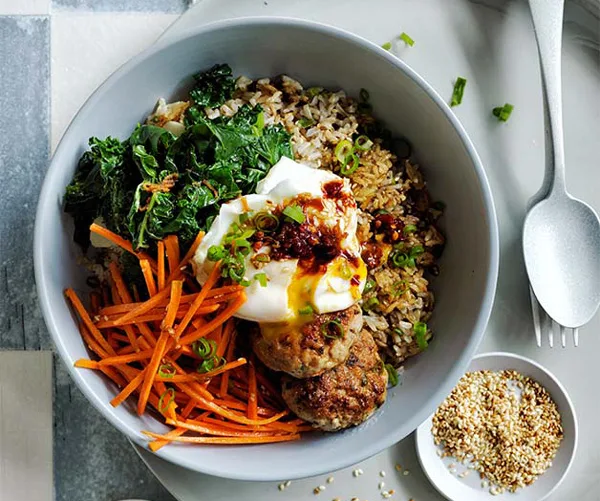 Crisp rice bowls with pork, egg, kale and marinated carrot recipe
