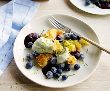 Blueberry jelly, salted liquorice cream, almond cake and lime