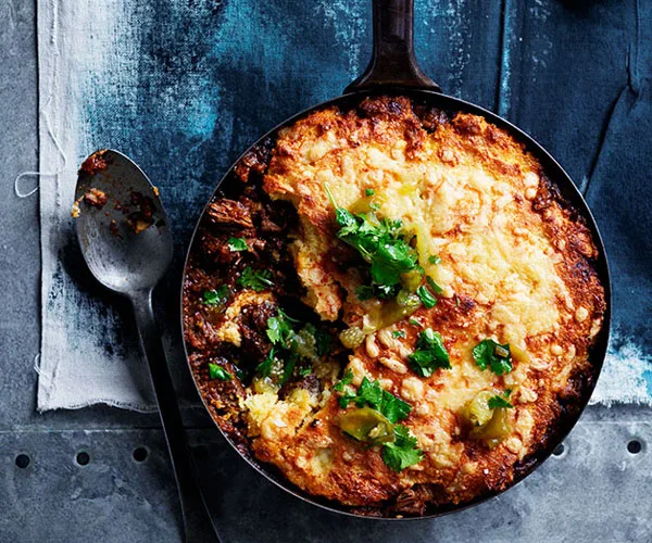 Beer-braised brisket pie with tomatillo salsa
