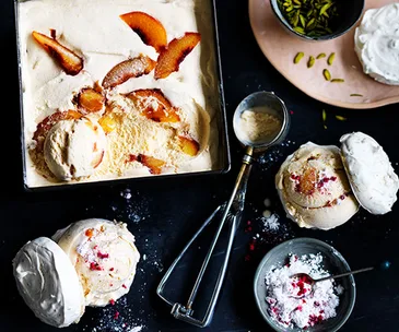 Roast peach ice-cream meringue sandwiches with raspberry sherbet