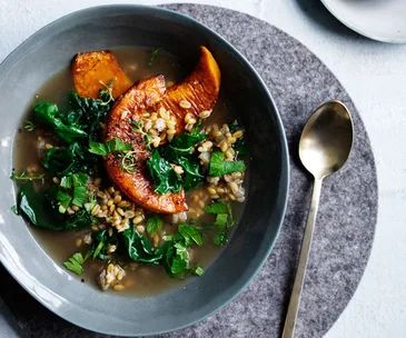 Silverbeet, pumpkin and farro broth