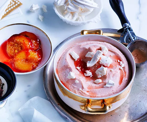 Roast peach and goat&rsquo;s milk gelato