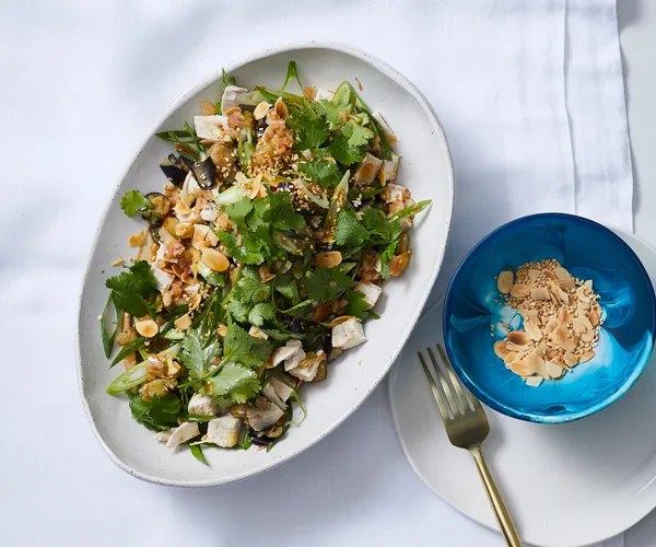 Shane Delia's poached chicken salad with harissa, eggplant, spring onion and tahini
