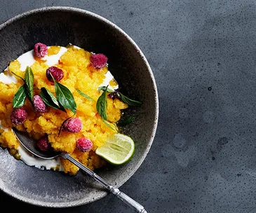 Mango granita with lemongrass, raspberries and yoghurt