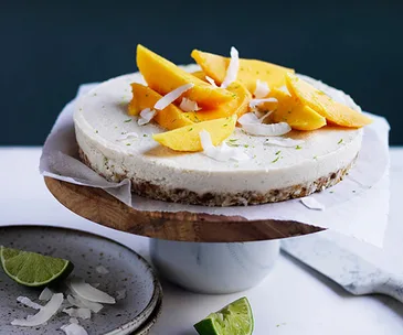 Coconut-macadamia-lime tart with mango