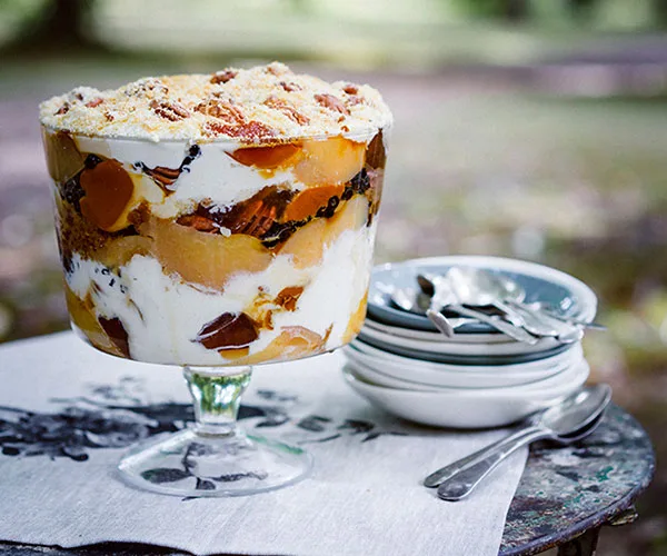Quince, pecan and cr&egrave;me caramel trifle with Gretchen's honey cream