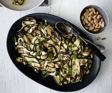 Char-grilled zucchini with mint and almonds