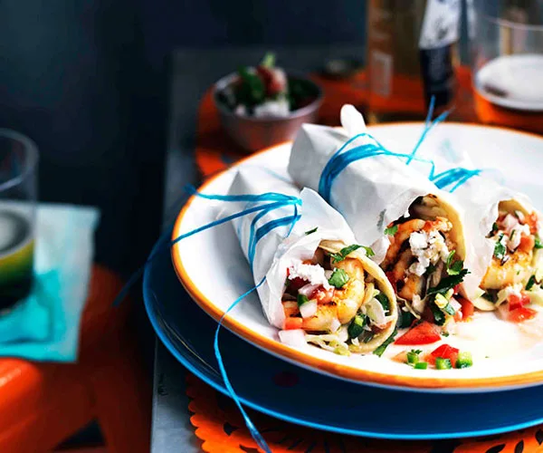 Prawn, slaw and pico de gallo tacos