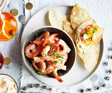 Prawn tostadas with corn relish and chipotle crème fraîche