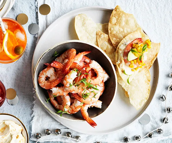 Prawn tostadas with corn relish and chipotle cr&egrave;me fra&icirc;che
