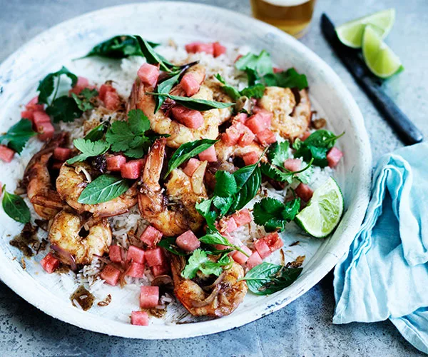Grilled prawns with tamarind, coconut rice and watermelon