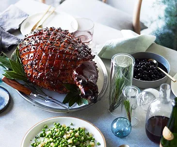 Whiskey-glazed ham with preserved cherries
