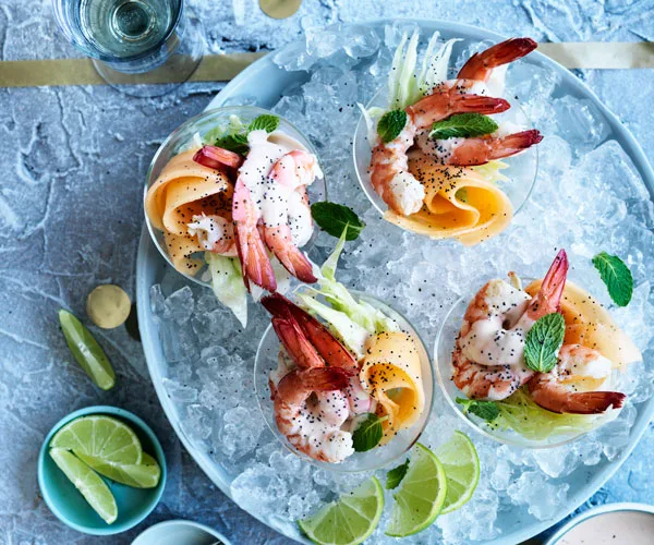 Rockmelon, lime and poppy-seed prawn cocktails