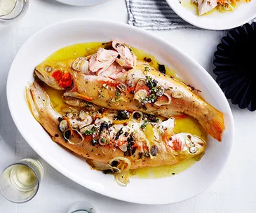 Baked golden trout with roe