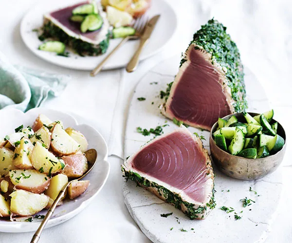 Seared tuna with dill cucumbers and potato salad
