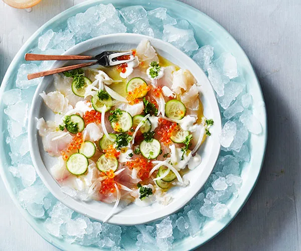Snapper crudo with roe and cucumber