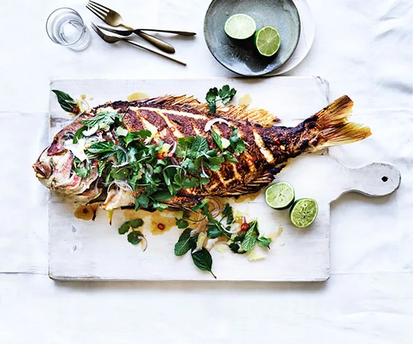 Barbecued lemongrass snapper with pomelo and herb salad
