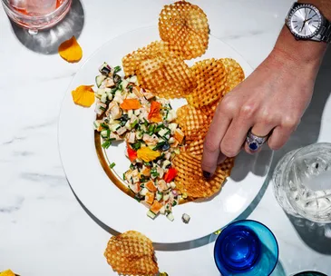 Potato gaufrettes with summer-vegetable tartare