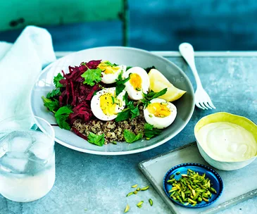 Quinoa pilaf with beetroot, egg and tahini yoghurt