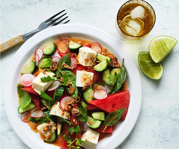 Tofu, watermelon and radish salad with nahm jim