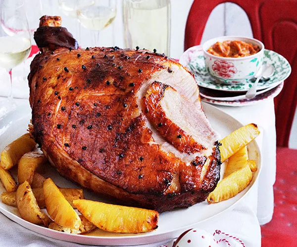 Pineapple and rum glazed Christmas ham with tomato sambal