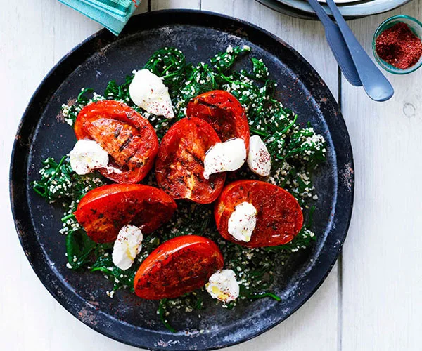 Spinach and burghul with grilled tomatoes and labne