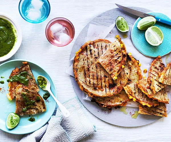 Corn and potato quesadillas with green salsa