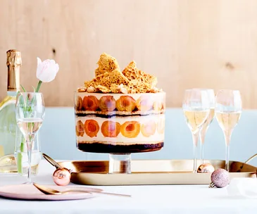 Apricot, honey, coffee and macadamia trifle