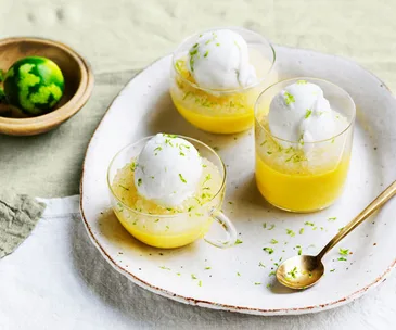Louis Tikaram’s mango pudding with lime tapioca and coconut ice-cream
