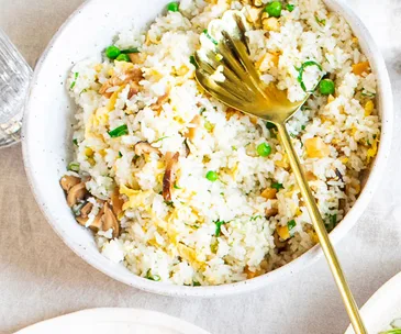 Louis Tikaram’s fried rice of shiitake, salted radish and peas
