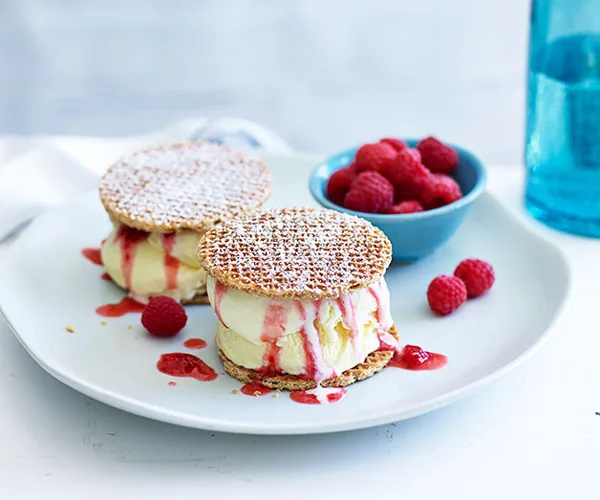 Dutch waffle ice-cream sandwiches with crushed raspberries